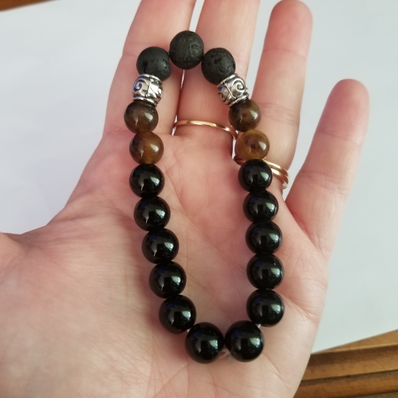 Gemstone beads stretch bracelet black orange lava silver tone - Picture 4 of 9